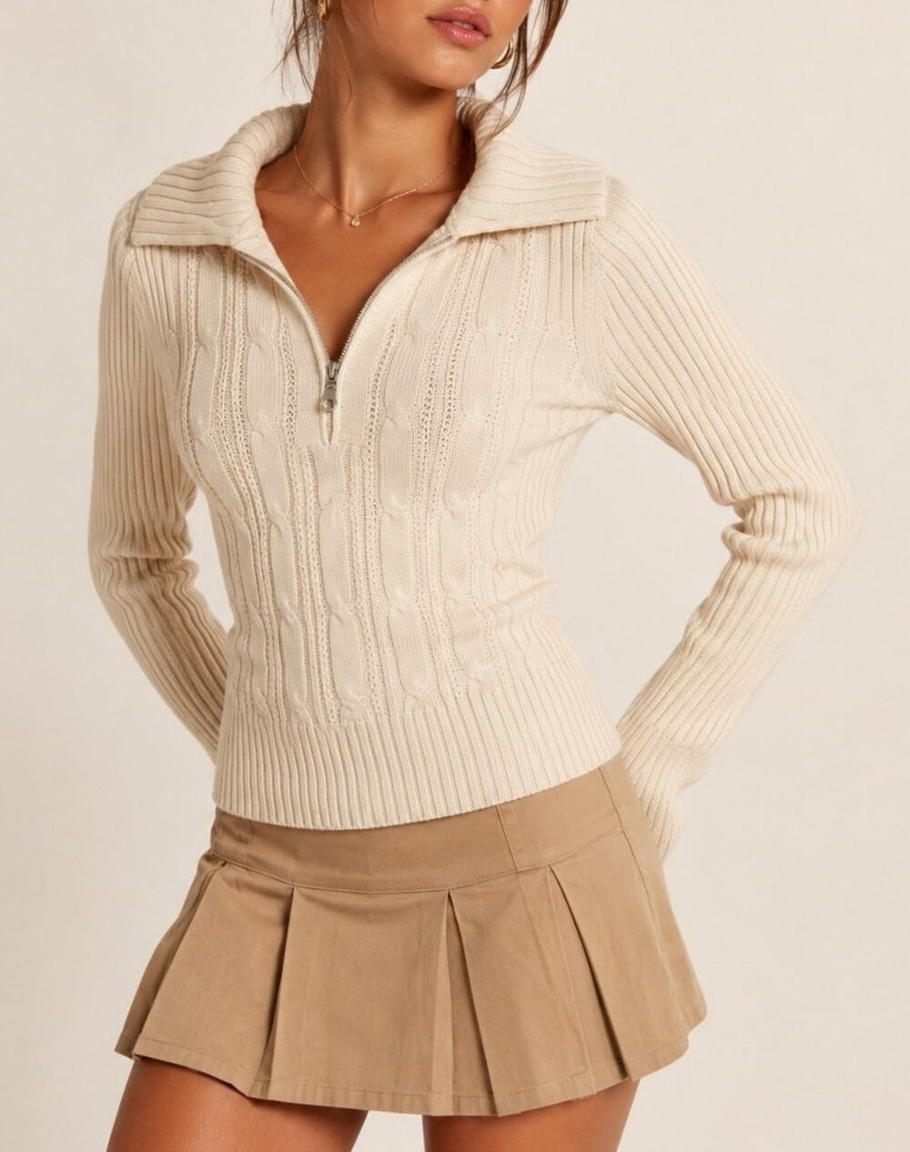 Vintage Y2K DKNY Cable Knit Quarter Zip Sweater Womens S Cream Fisherman Preppy